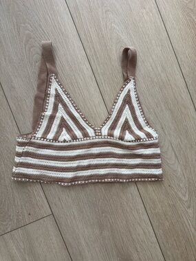 Striped Crochet Bralette Tank Top - Cream & Tan Medium Festival Boho 70’s Retro